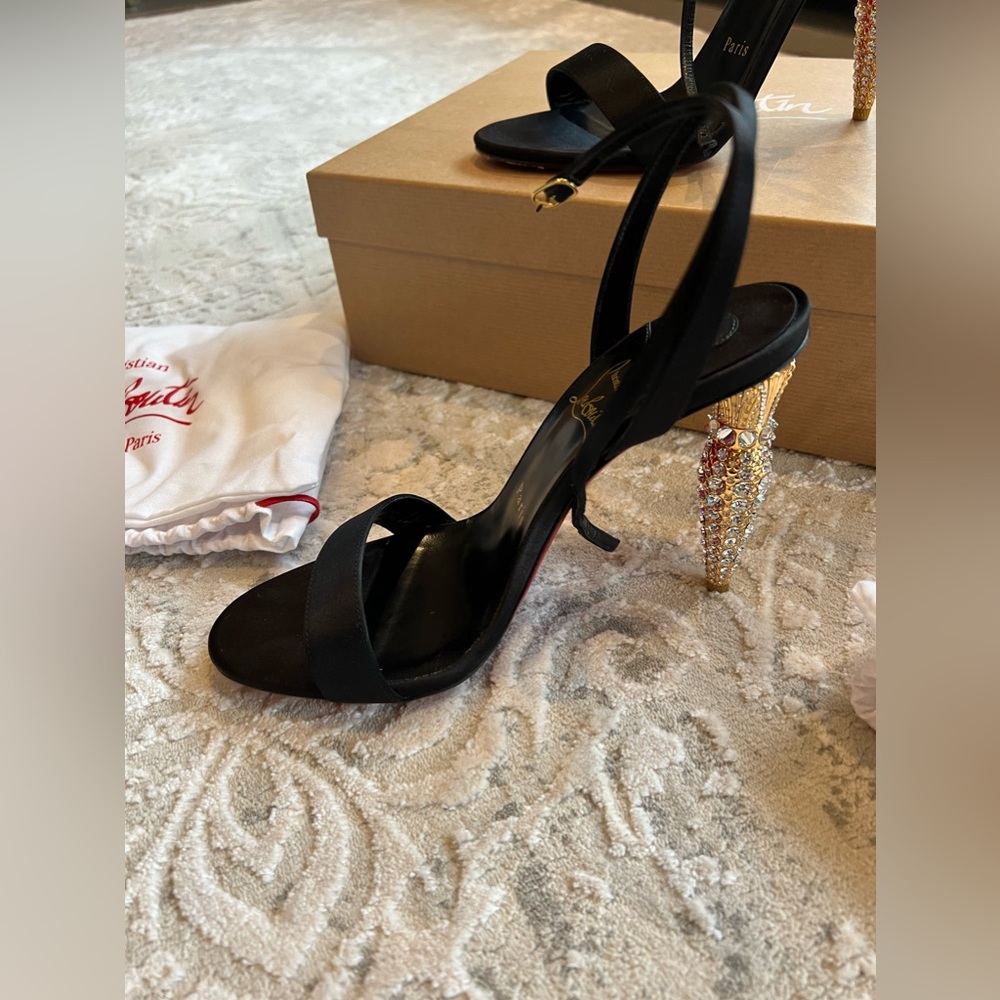 Black satin with gold crystal heel Christian Louboutin heels, size 7.5,worn once
